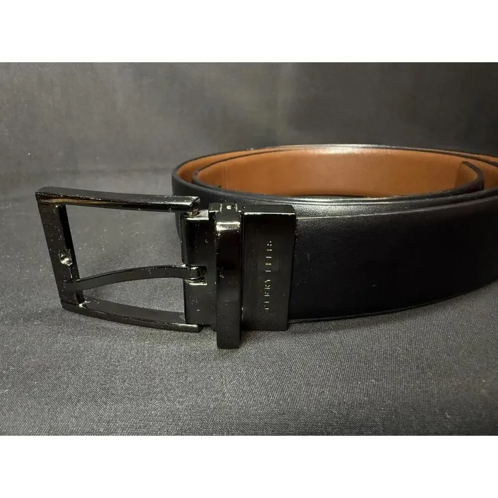 Perry Ellis Belt Men's 38 Black Faux Leather Dress‎ Reversible Buckle EUC